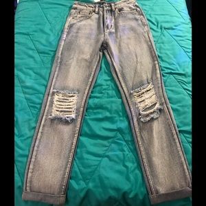 Mid rise light blue open knee boyfriend jeans